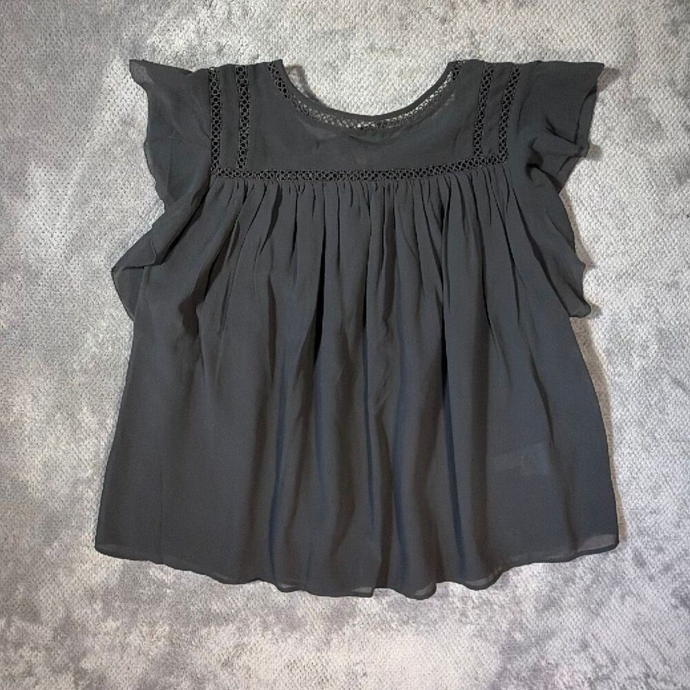 LOFT Small Charcoal Gray Ruffle Sleeve Lace Trim Blouse Business Office NEW - Picture 9 of 9